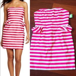 Lilly Pulitzer Women Pink & White Striped Strapless Peplum Size 12 Dress